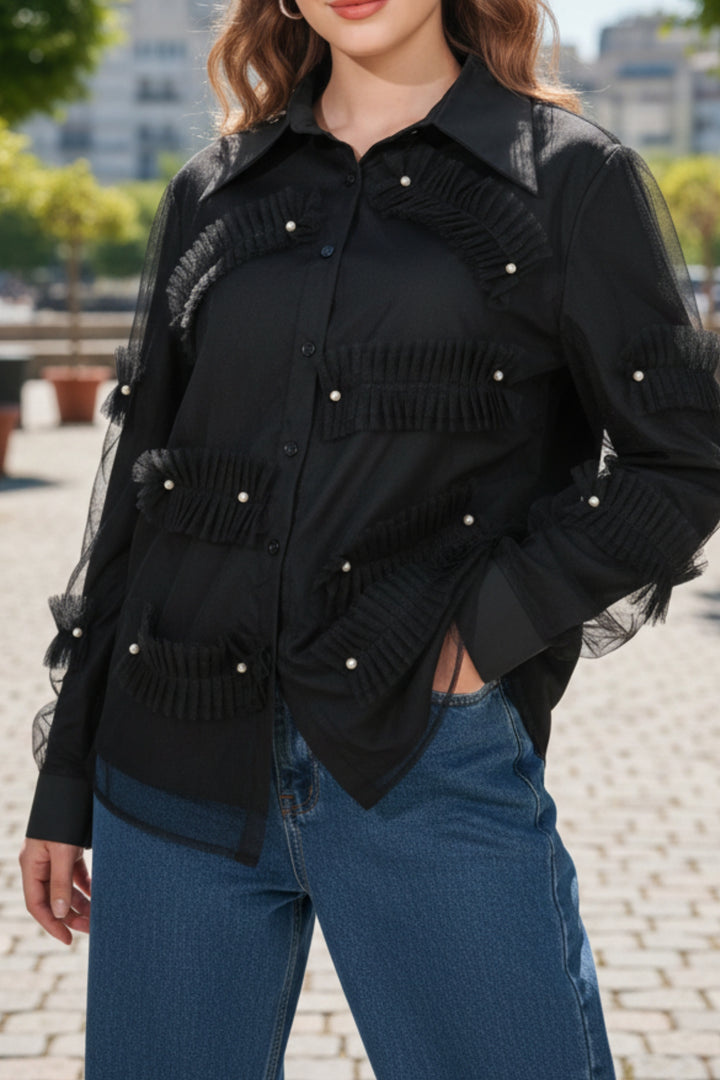 Black Mesh-Layered Shirt