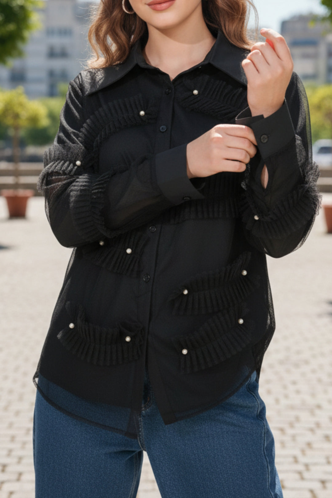 Black Mesh-Layered Shirt