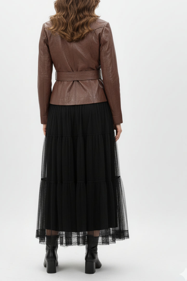 Brown Mist Leather Shirt & Mesh Skirt Co-ord Set