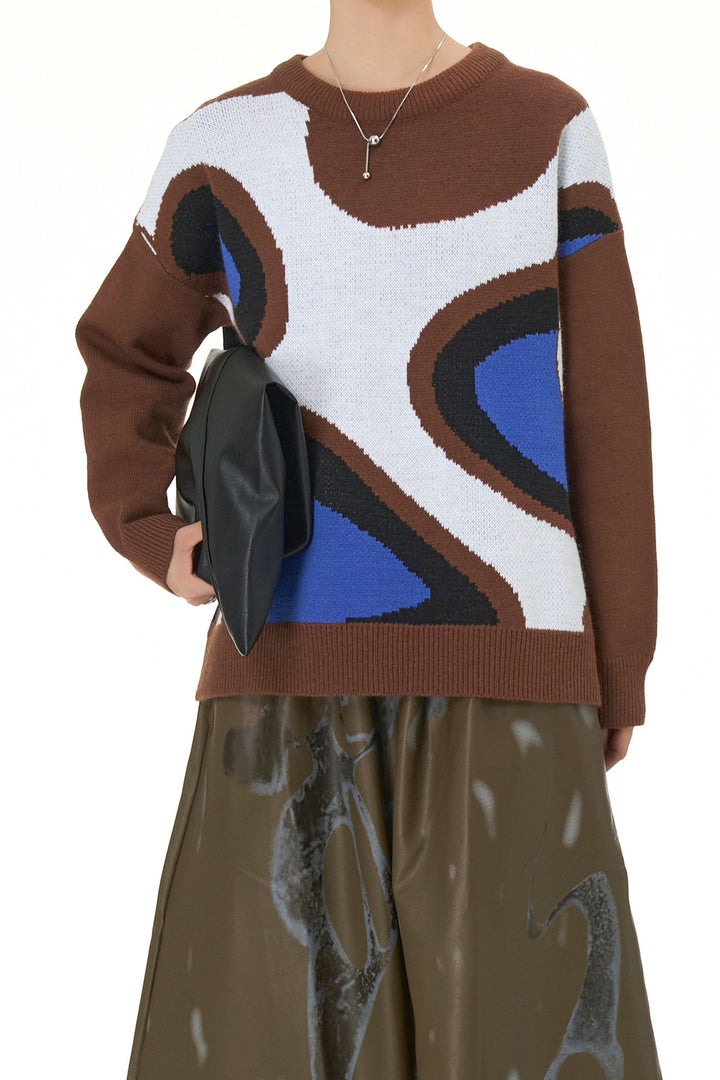 Mosaic Brown Round Knit Sweater