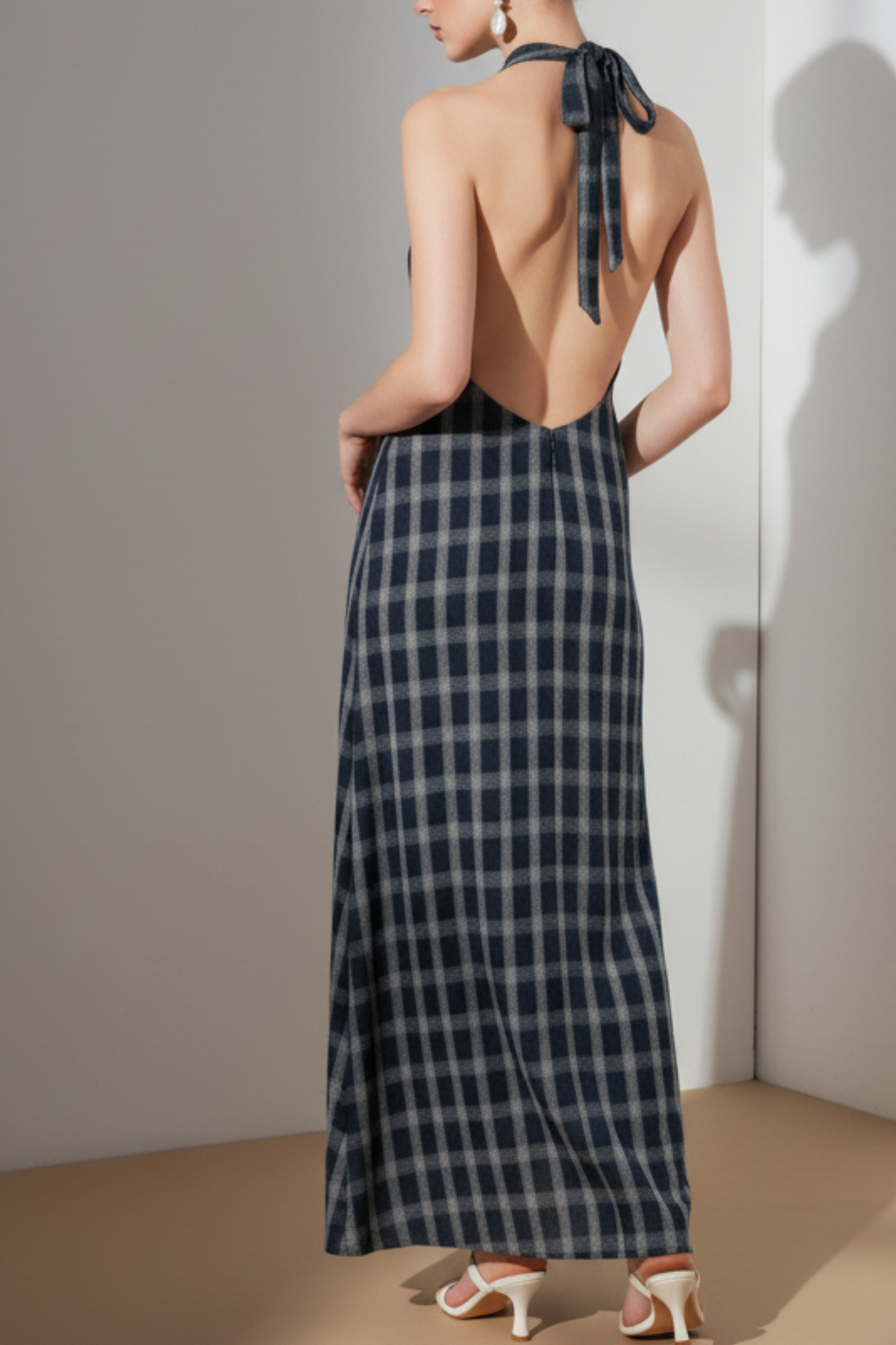 Blue Plaid Tie-Back Maxi Dress