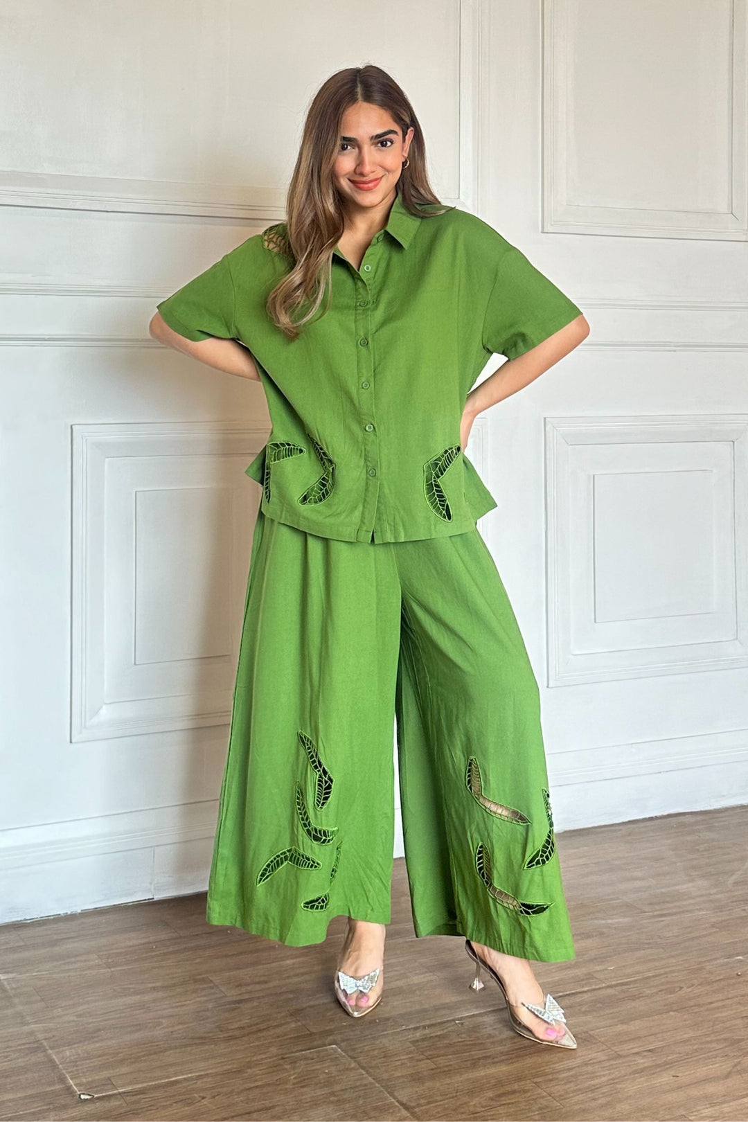 Summer wear green leaf cutwork outfit