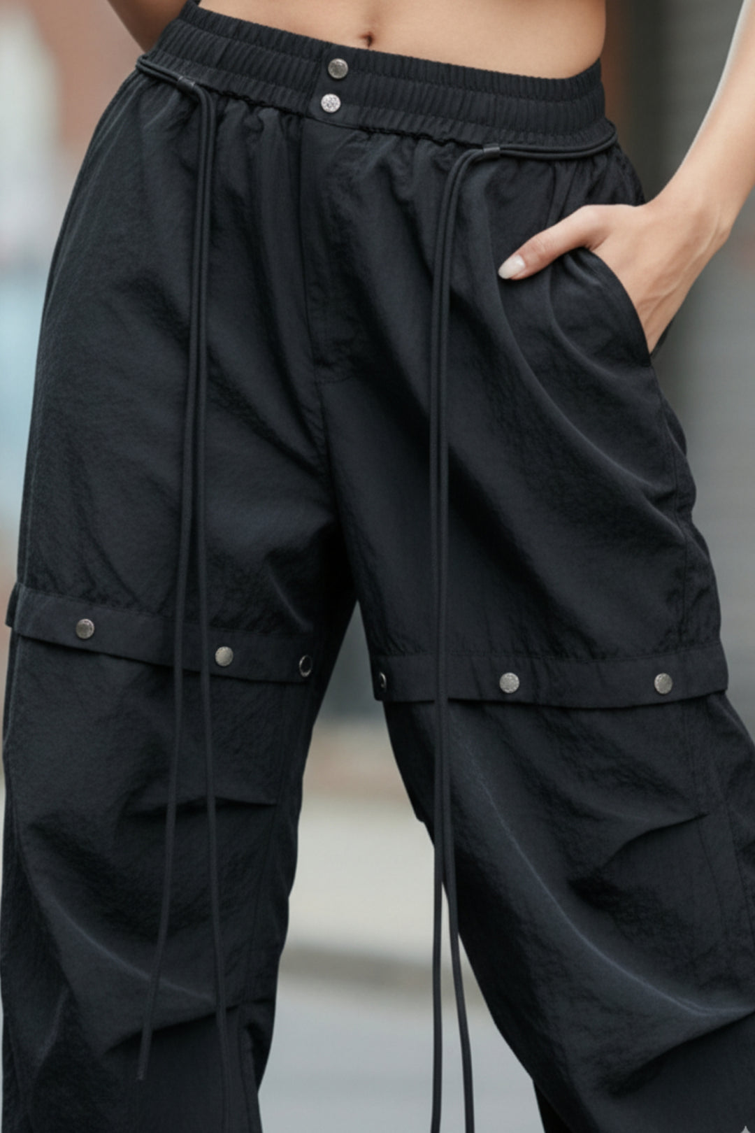 Black Cargo Pants with Snap Buttons