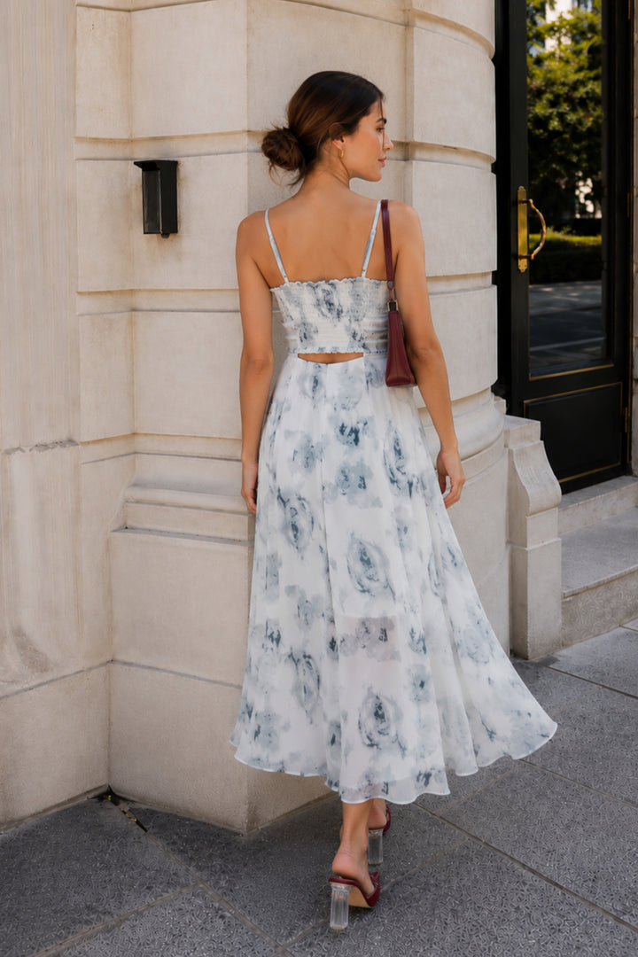 White Floral Strappy Midi Dress
