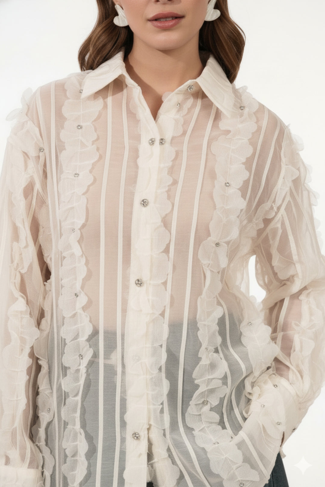 Applique Cream Sheer Shirt