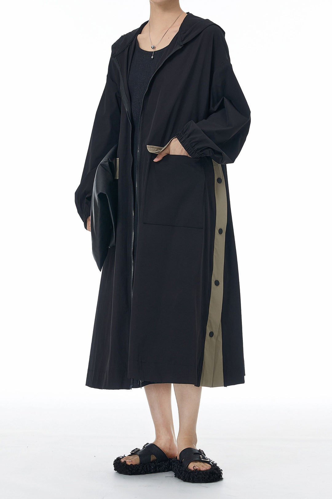 SnapHood Black Zippered Trench Coat