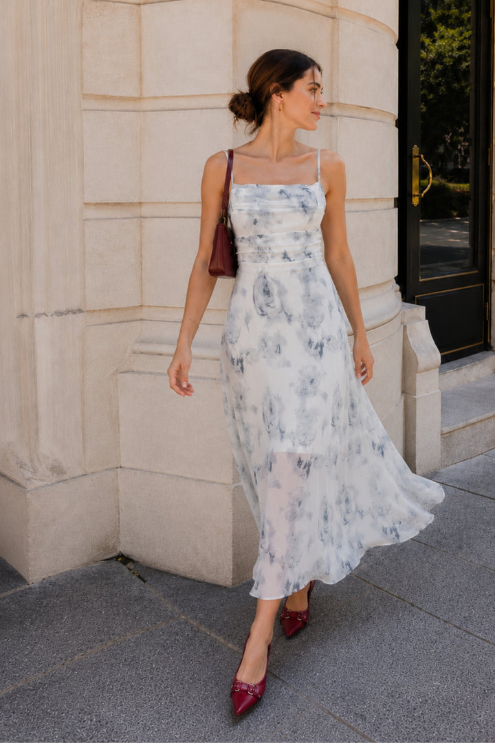 White Floral Strappy Midi Dress