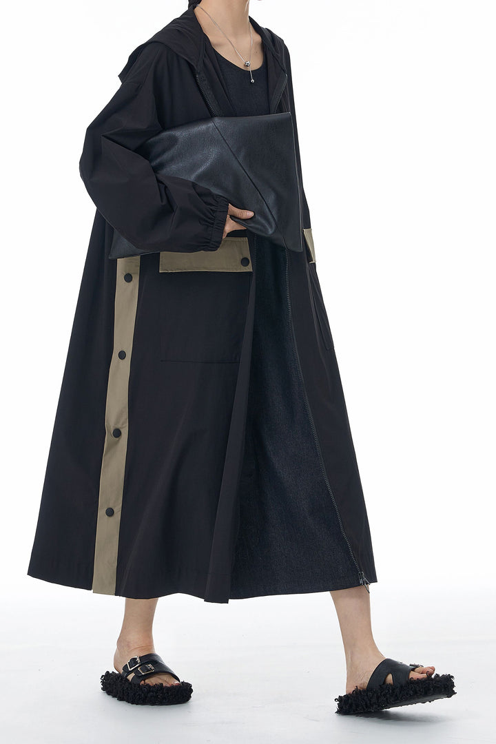 SnapHood Black Zippered Trench Coat