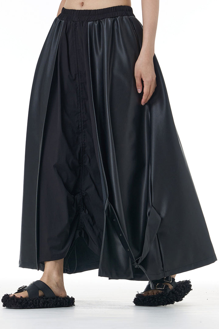 Dual-Fabric Black Leather Skirt