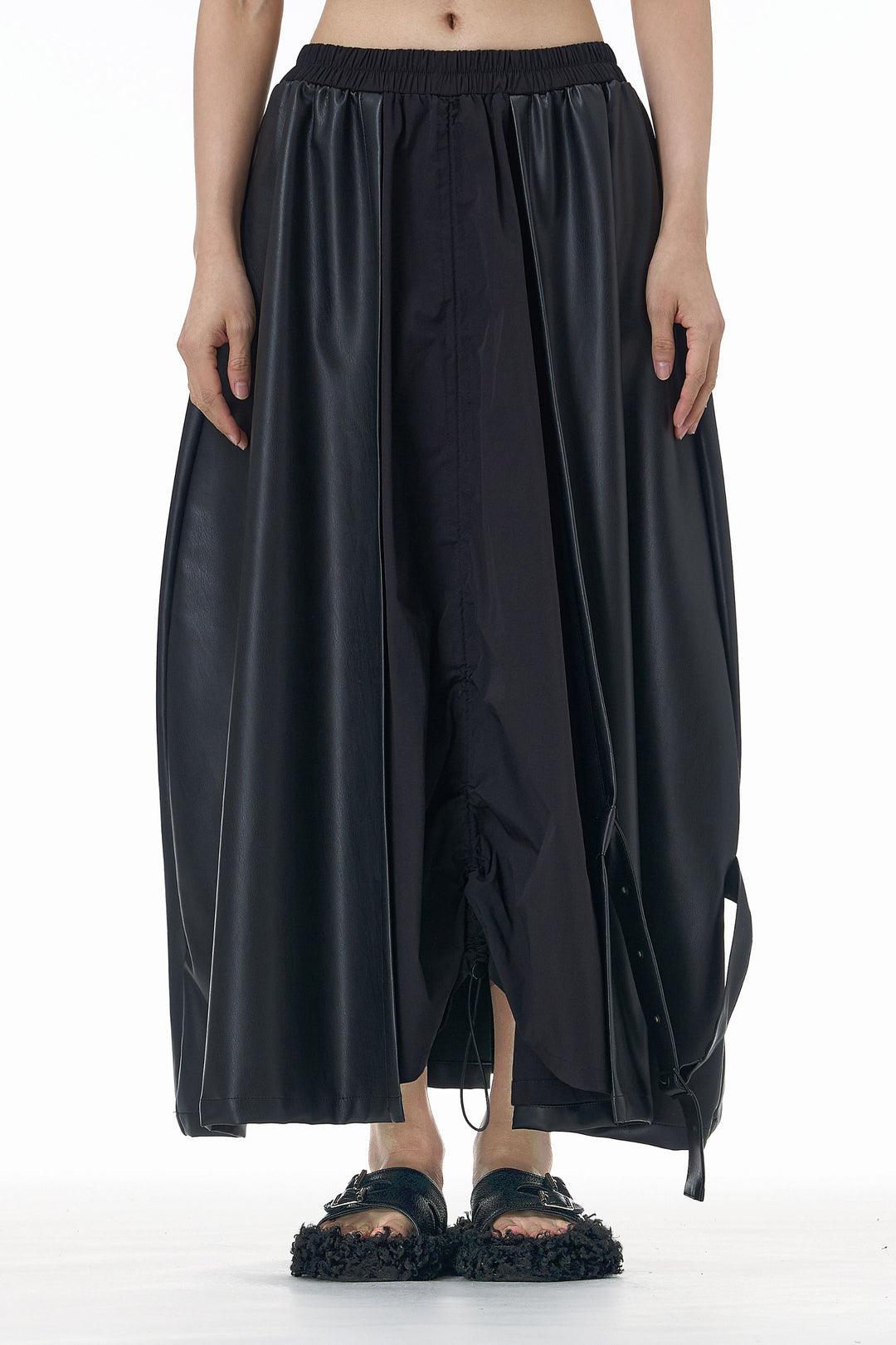 Dual-Fabric Black Leather Skirt