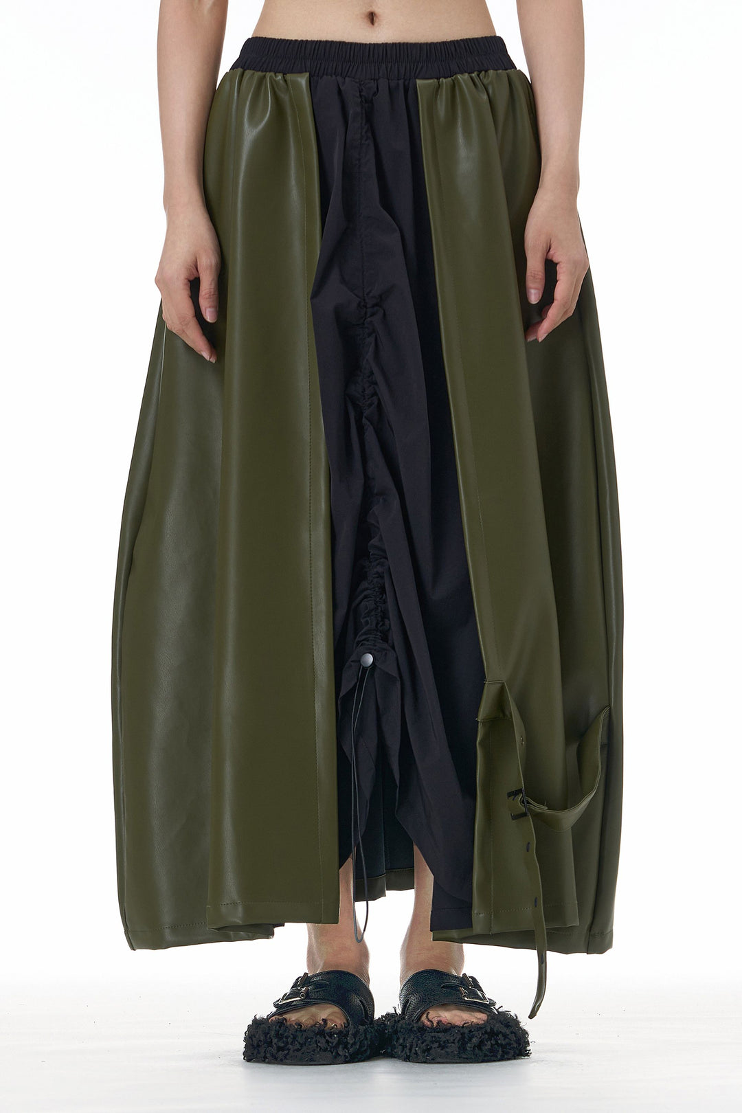 Dual-Fabric Black& Olive Leather Skirt