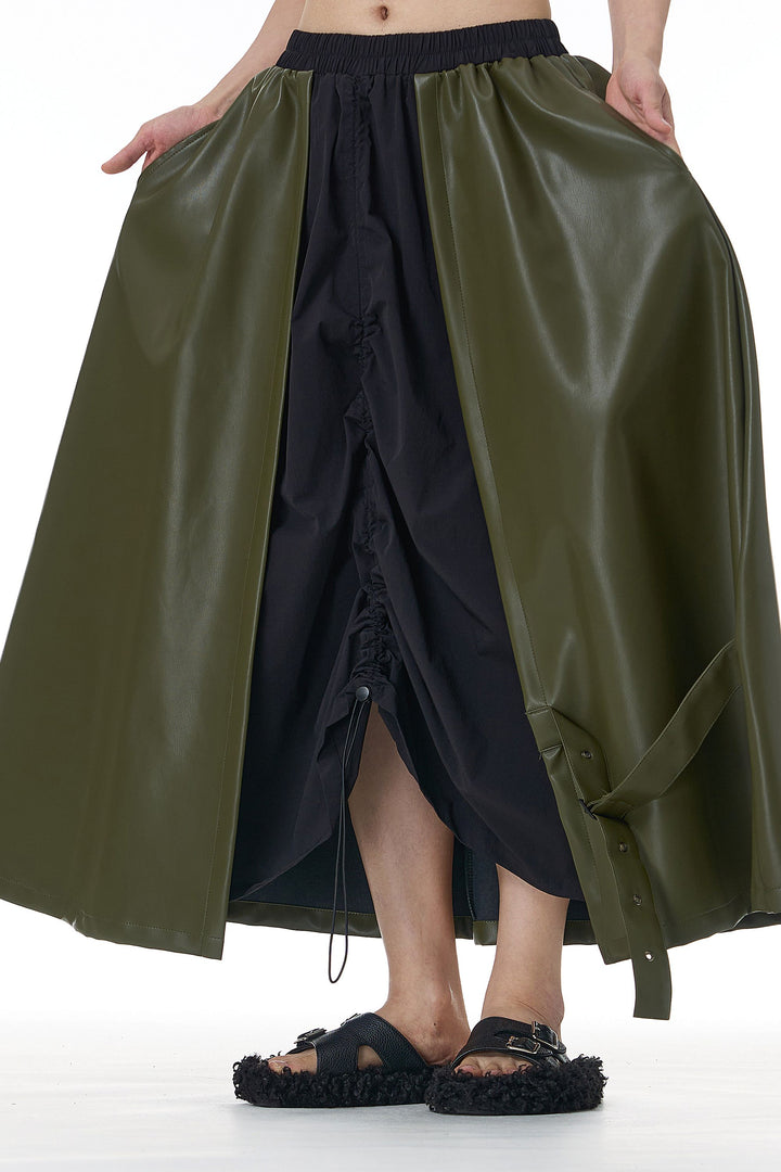 Dual-Fabric Black& Olive Leather Skirt