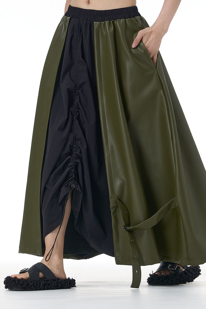 Dual-Fabric Black& Olive Leather Skirt