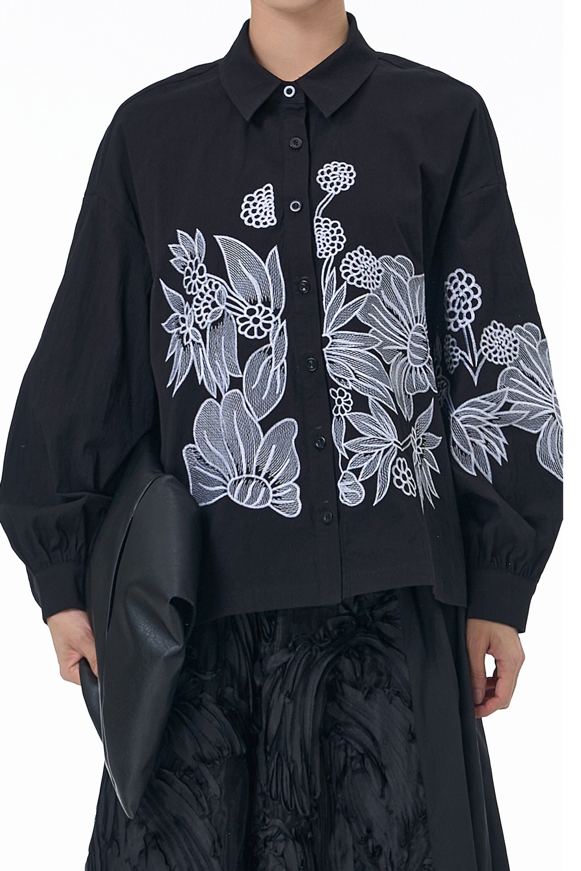 White Floral Black Shirt – Full Sleeve, Casual & Trendy – Nolabels