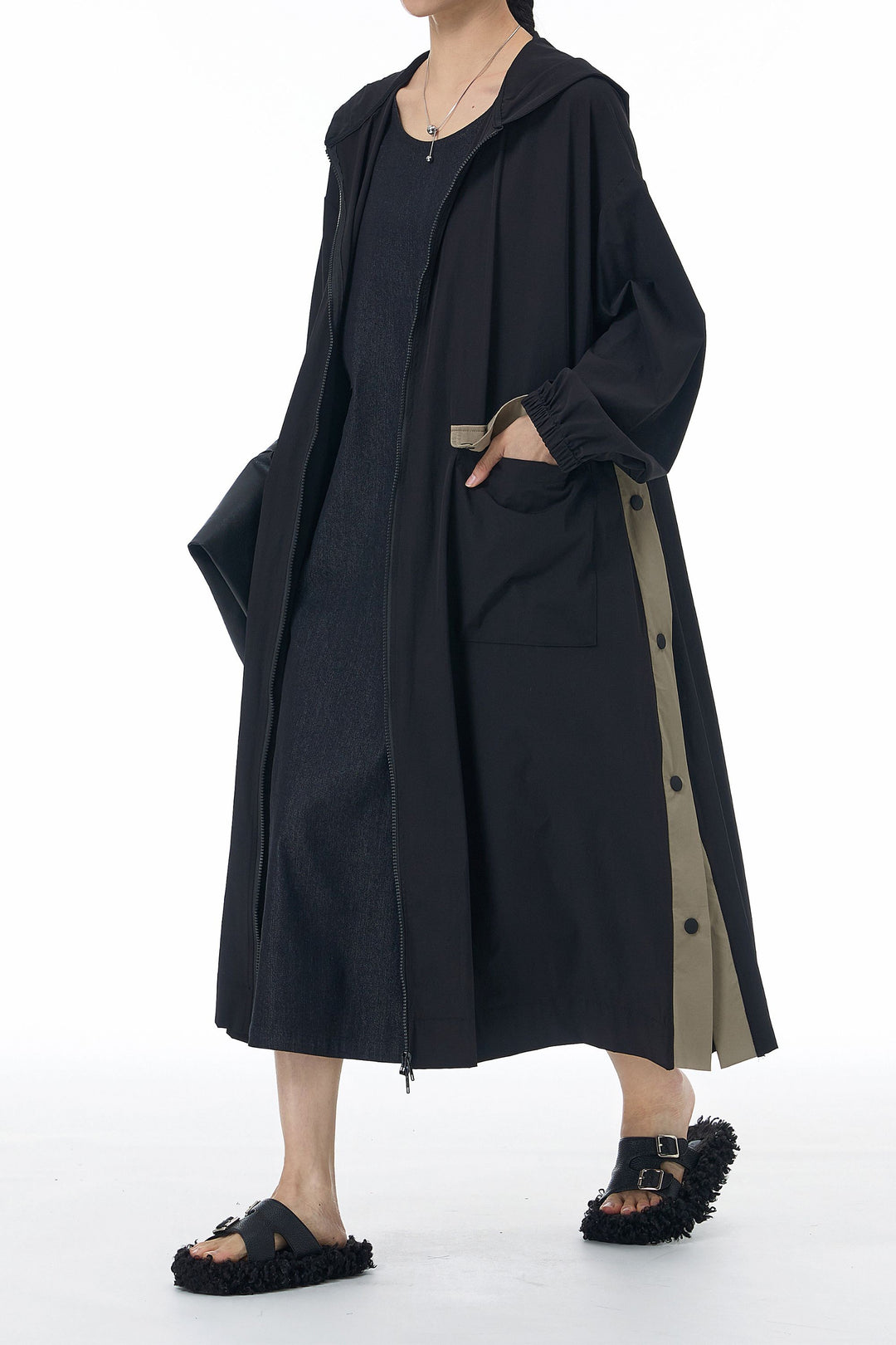 SnapHood Black Zippered Trench Coat