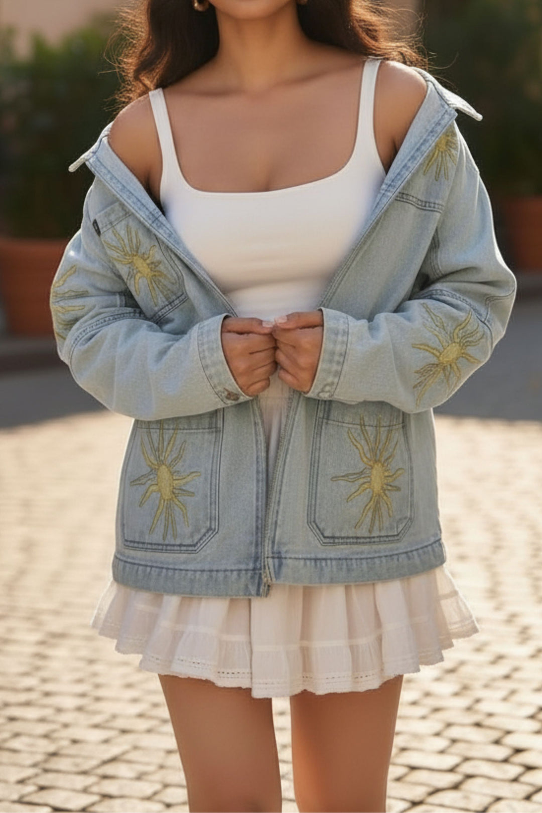 Golden Thread Embroidered Denim Shacket