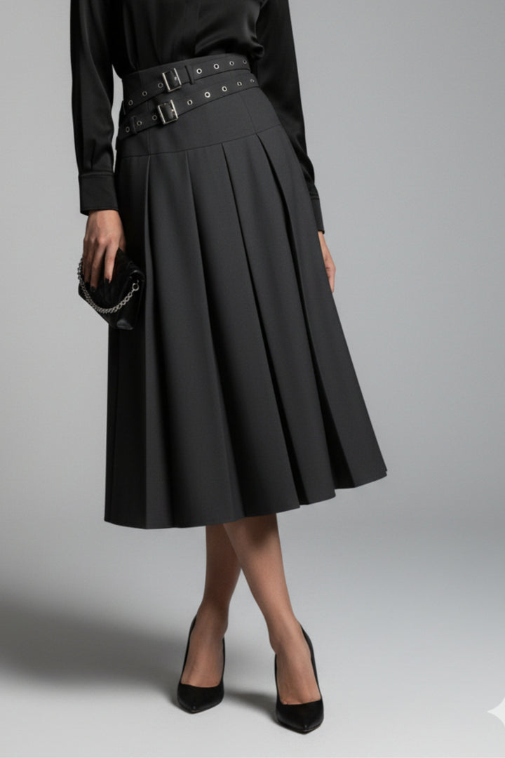Gray Dual Belt Pleat Skirt