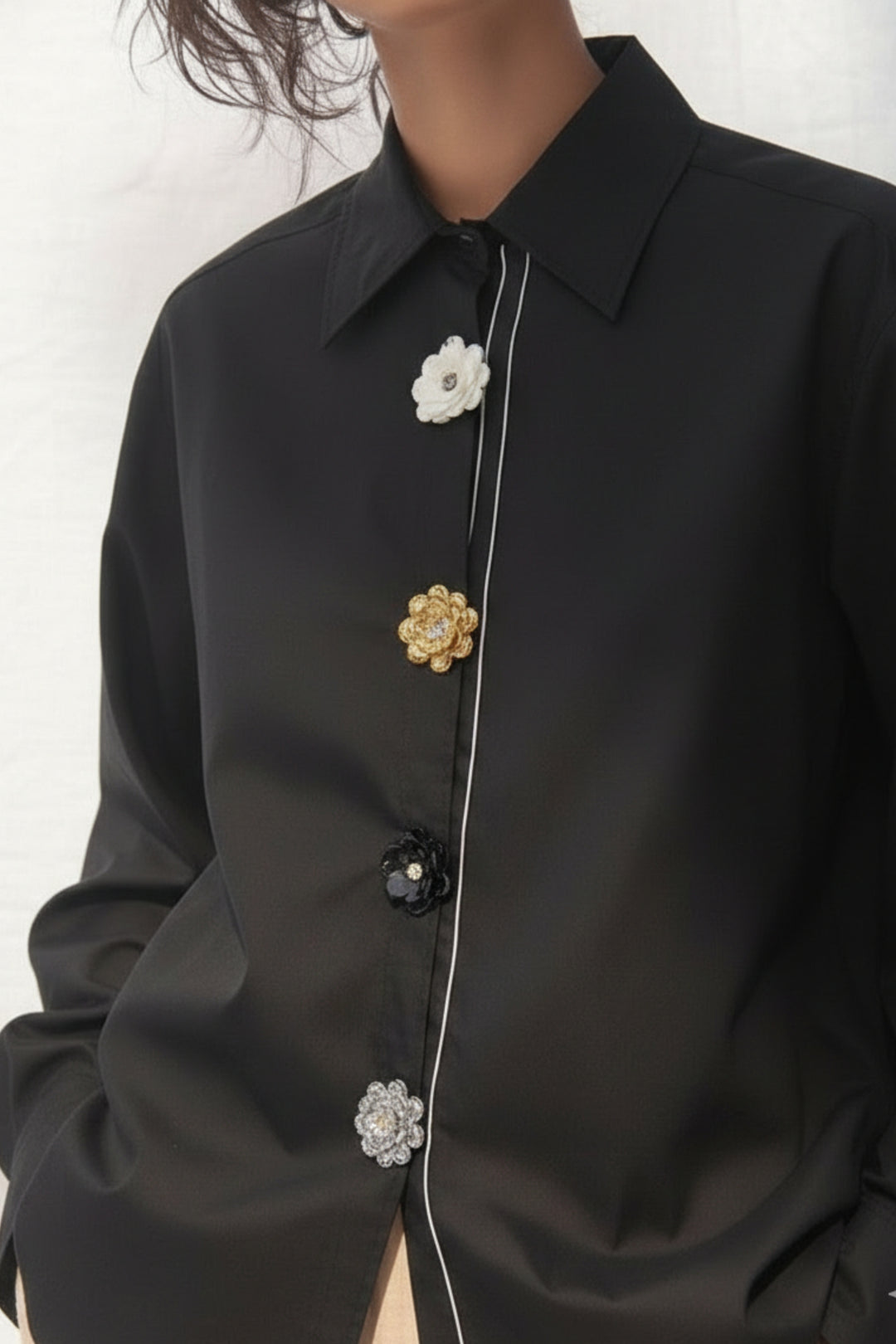 Black Luxe Flower Button Shirt