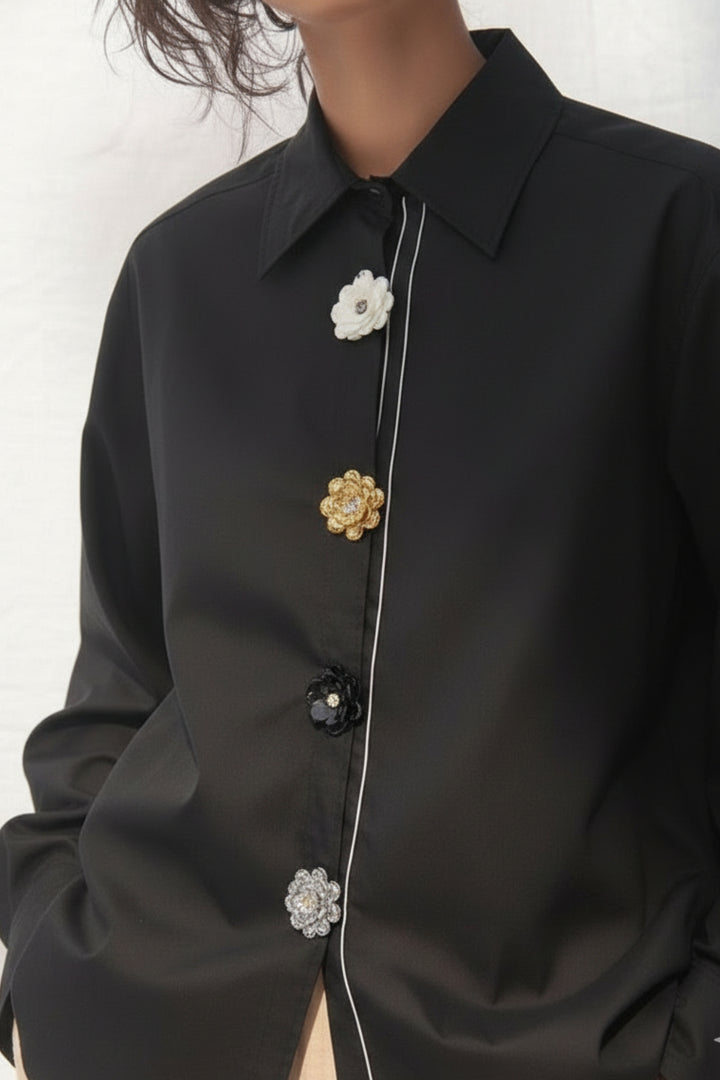 Black Luxe Flower Button Shirt