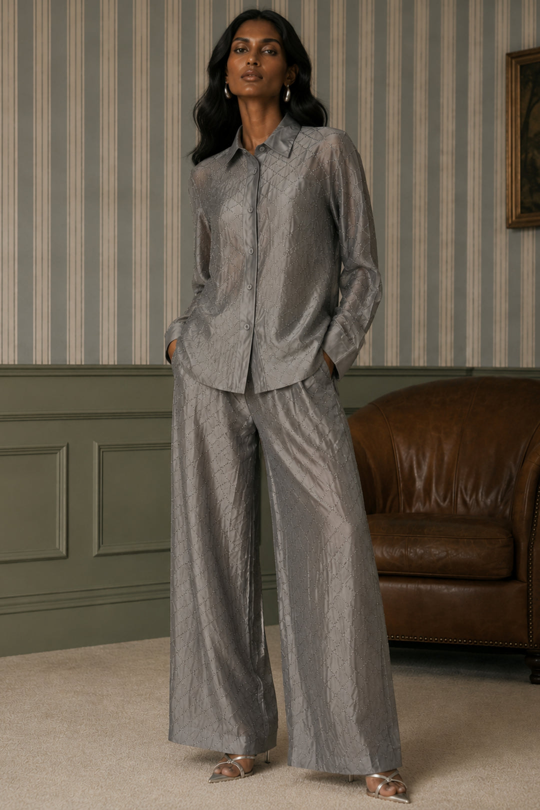 Steel Grey Rhinestone Pant Co-ord set