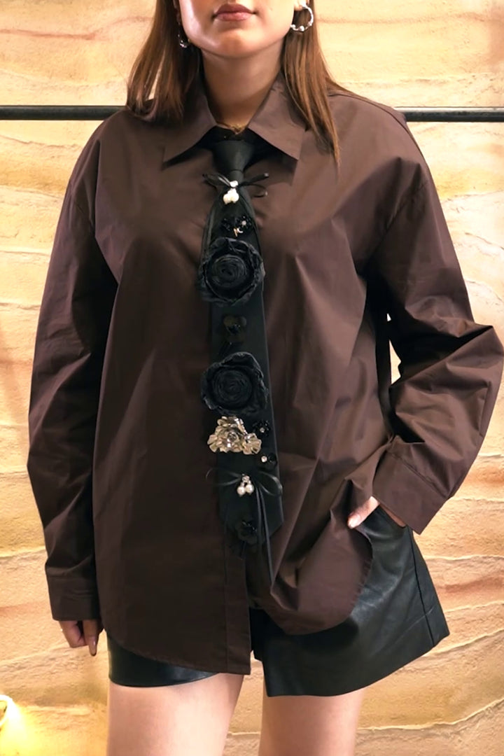 Cocoa Tie-Up Floral Embellished Shirt