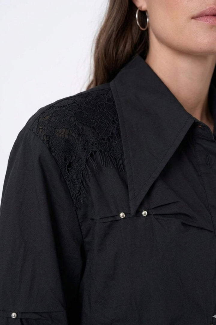 Black Lace Detail Studded Collar Shirt