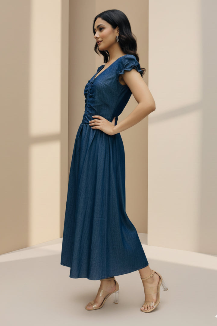 Cotton Denim V-Neck Puff Sleeve Dress