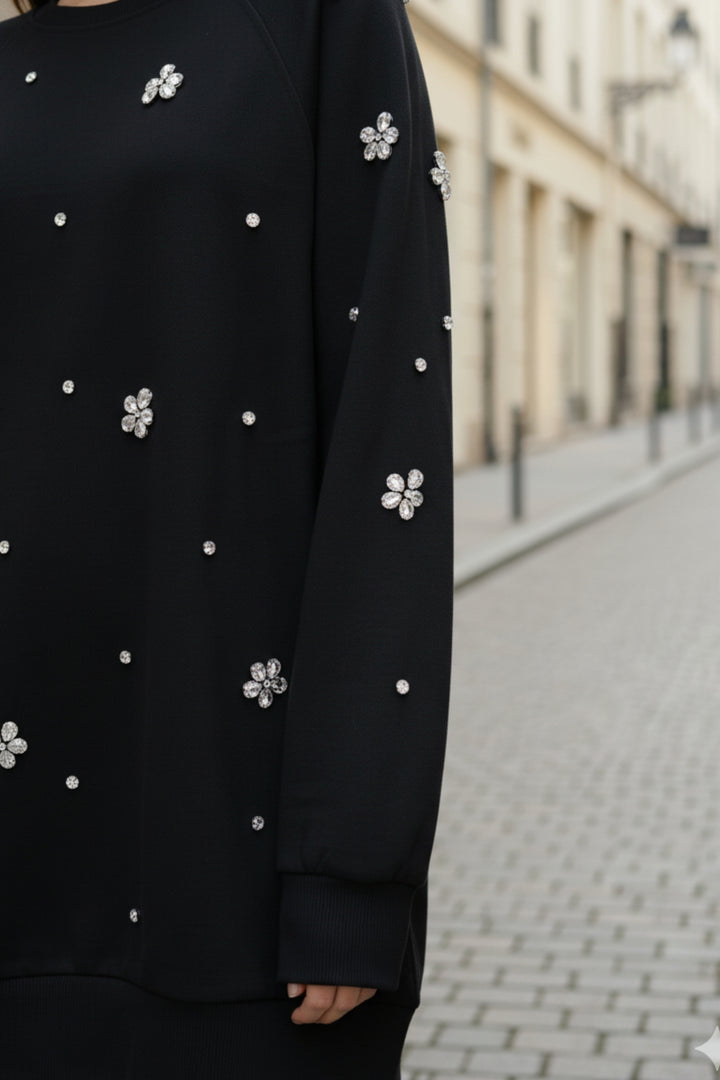 Black Rhinestone Oversized Sweatshirt