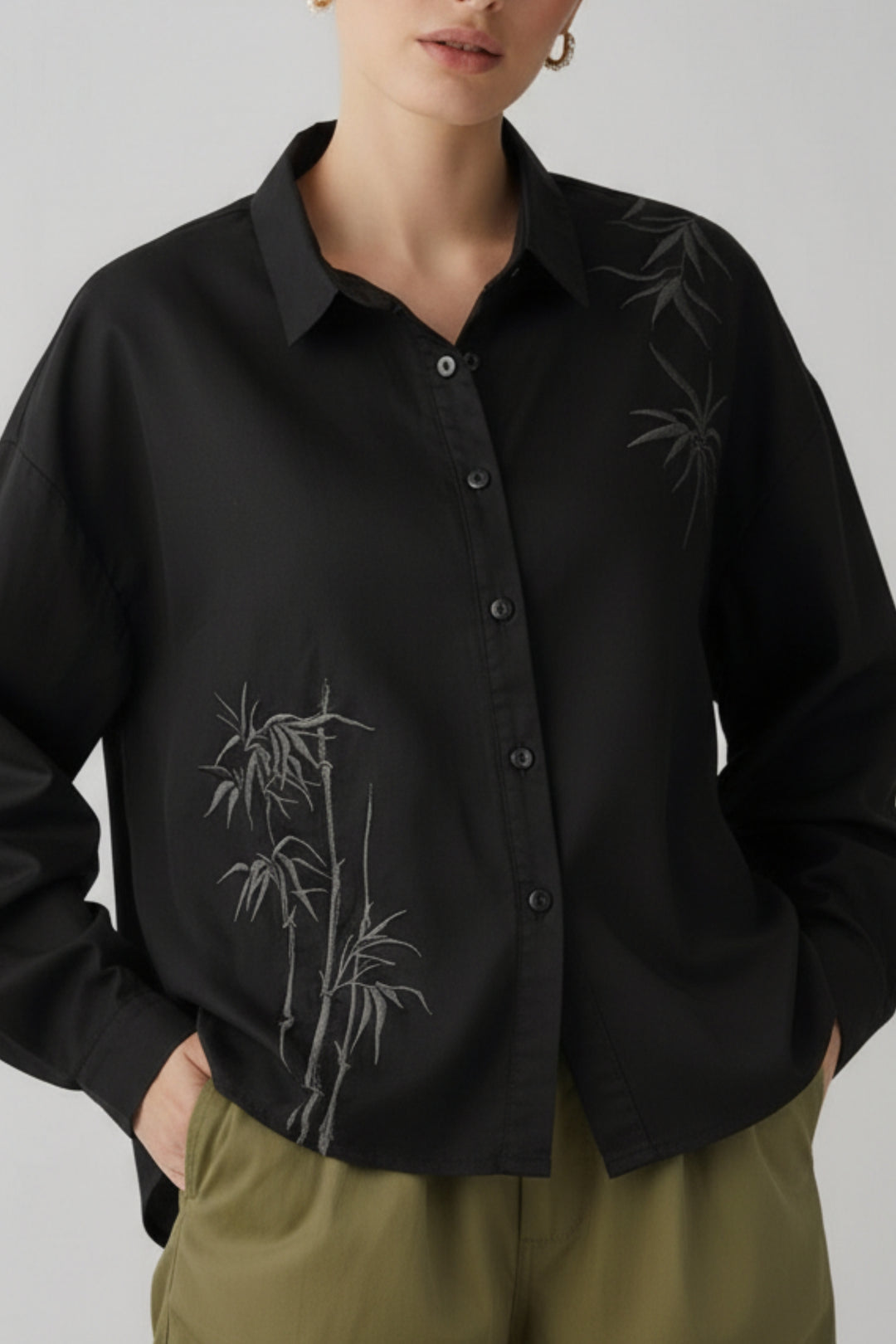 Black Cotton Shirt With Bamboo Embroidery