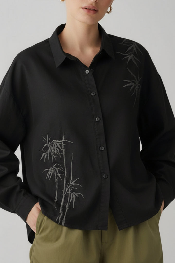 Black Cotton Shirt With Bamboo Embroidery