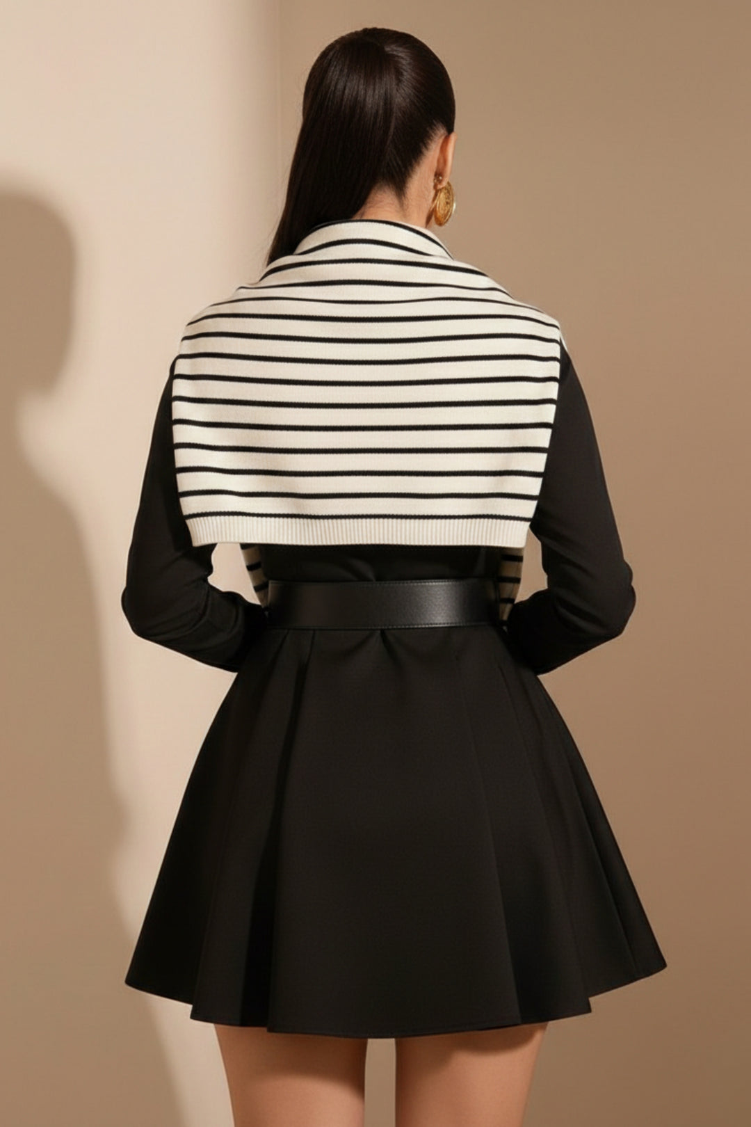 Black Belted White Overlay Shirt Dress