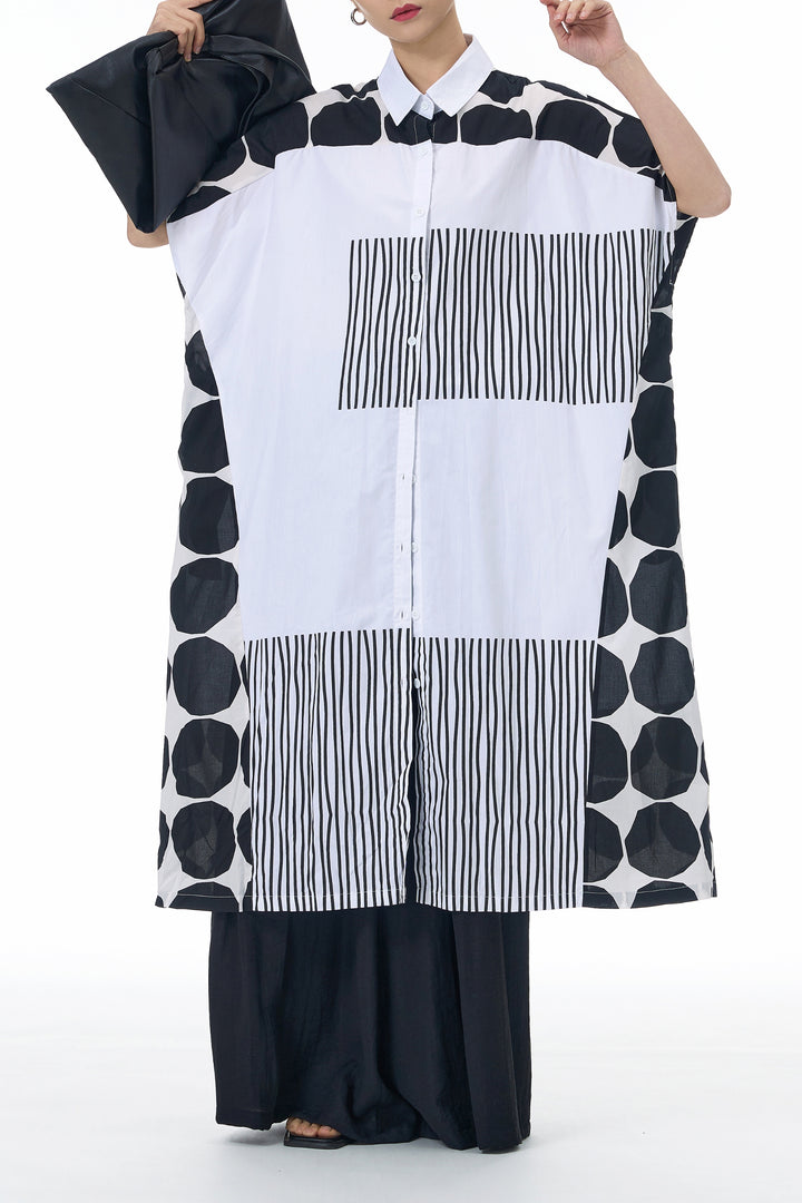 White Geometrical Print Shirt Dress