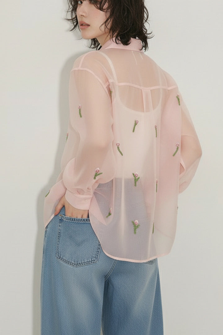 Pink Tissue Organza Embroidered Shirt