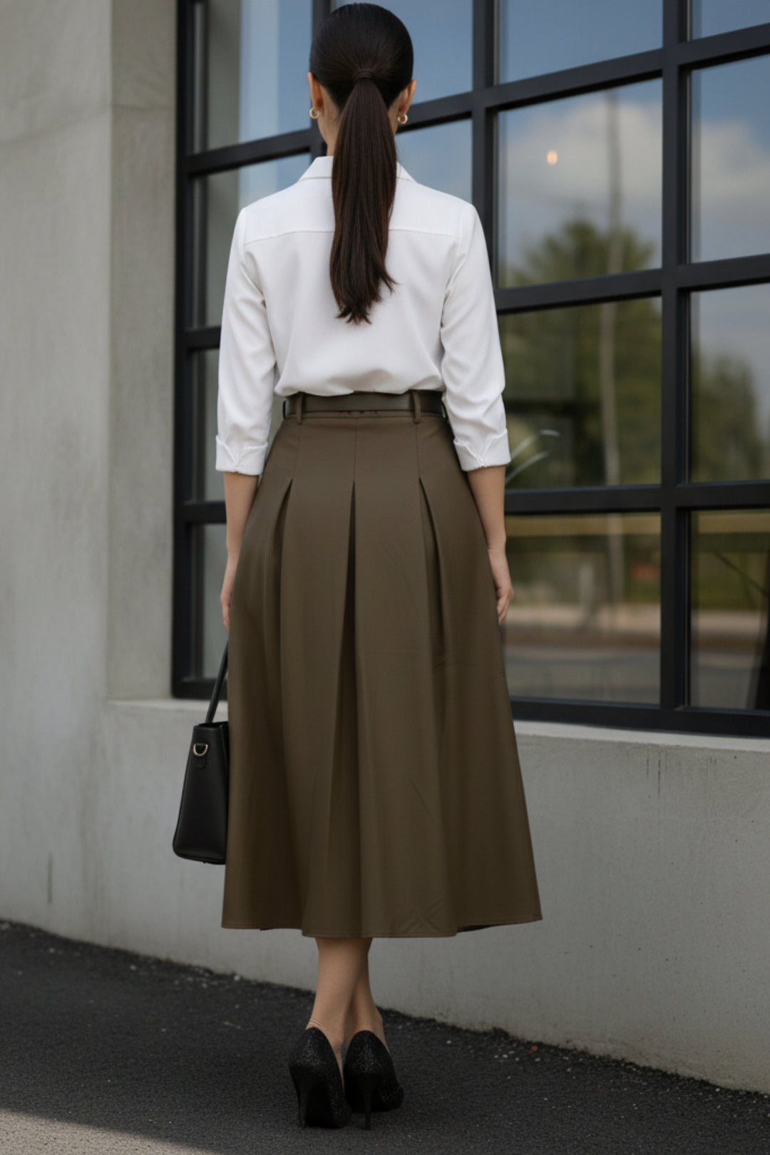 Elegance Box Pleated Faux Leather Skirt with Belt