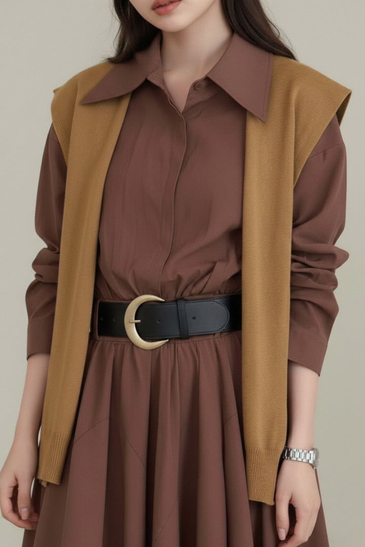 Cocoa Belted Mustard Overlay Shirt Dress