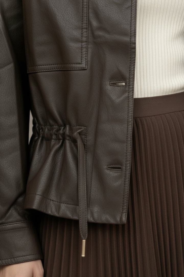 Mocha Drawstring Faux Leather Jacket