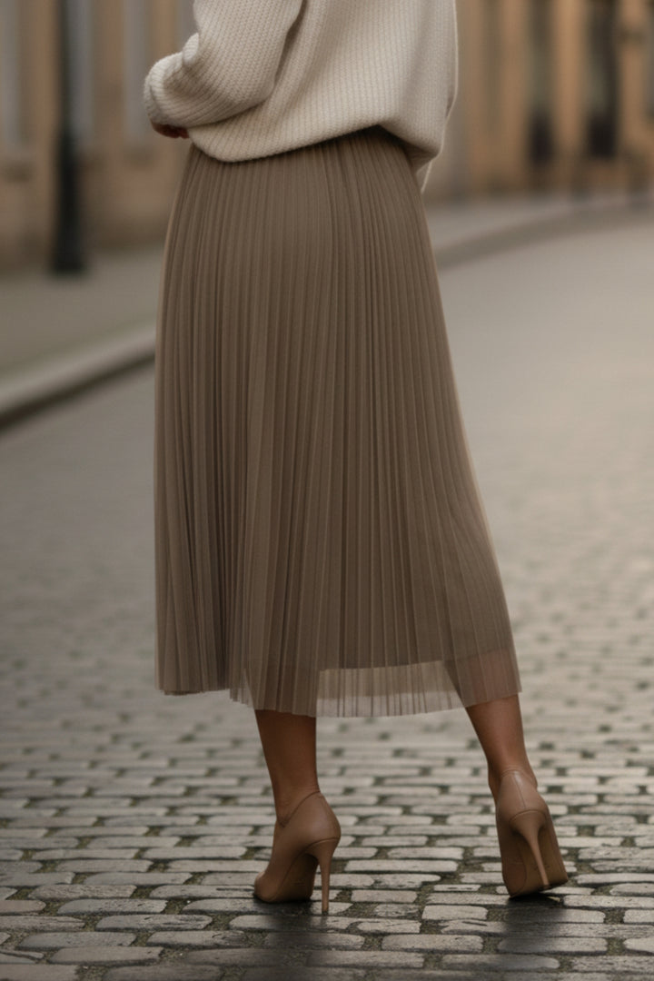 Beige Mesh Pleated Skirt