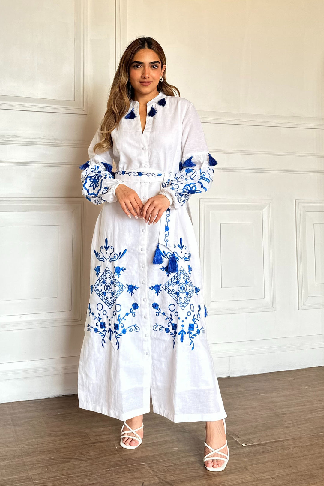 White Embroidered Cotton Dress With Tassels