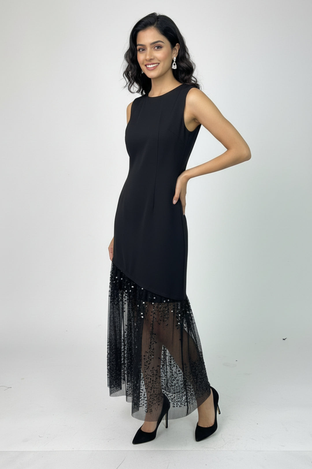 Black Lace & Sequin Midi Dress