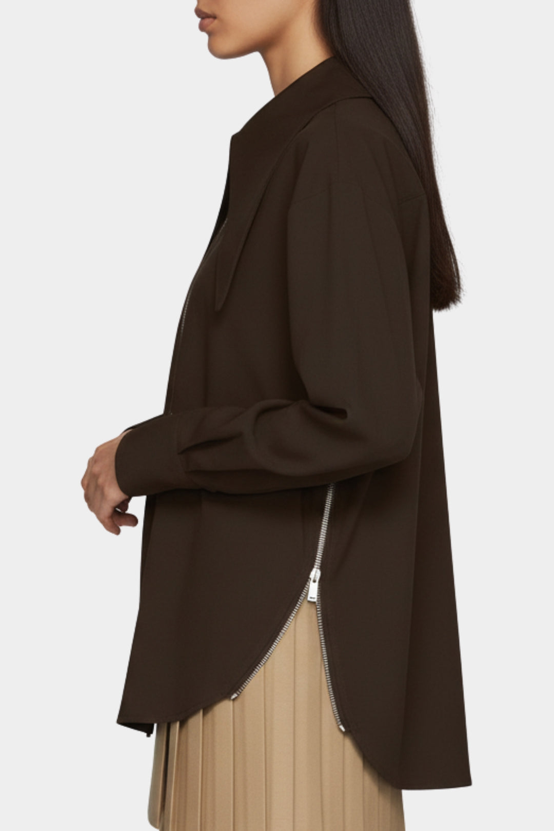 Wide-Lapel Espresso Zip Utility Shirt