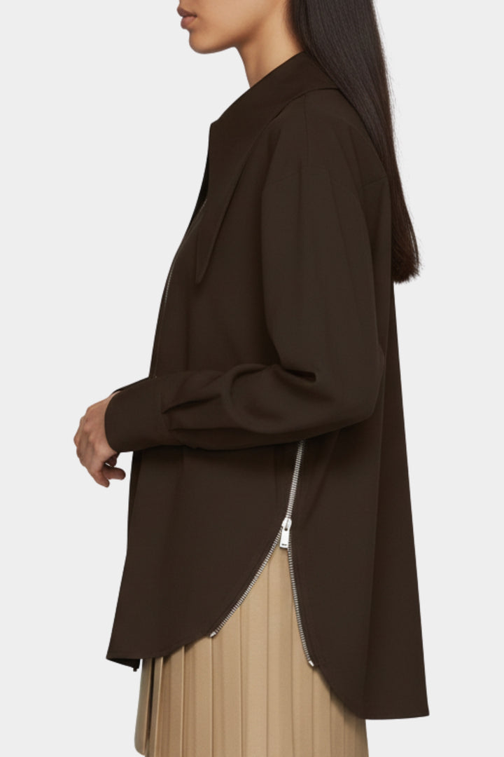 Wide-Lapel Espresso Zip Utility Shirt