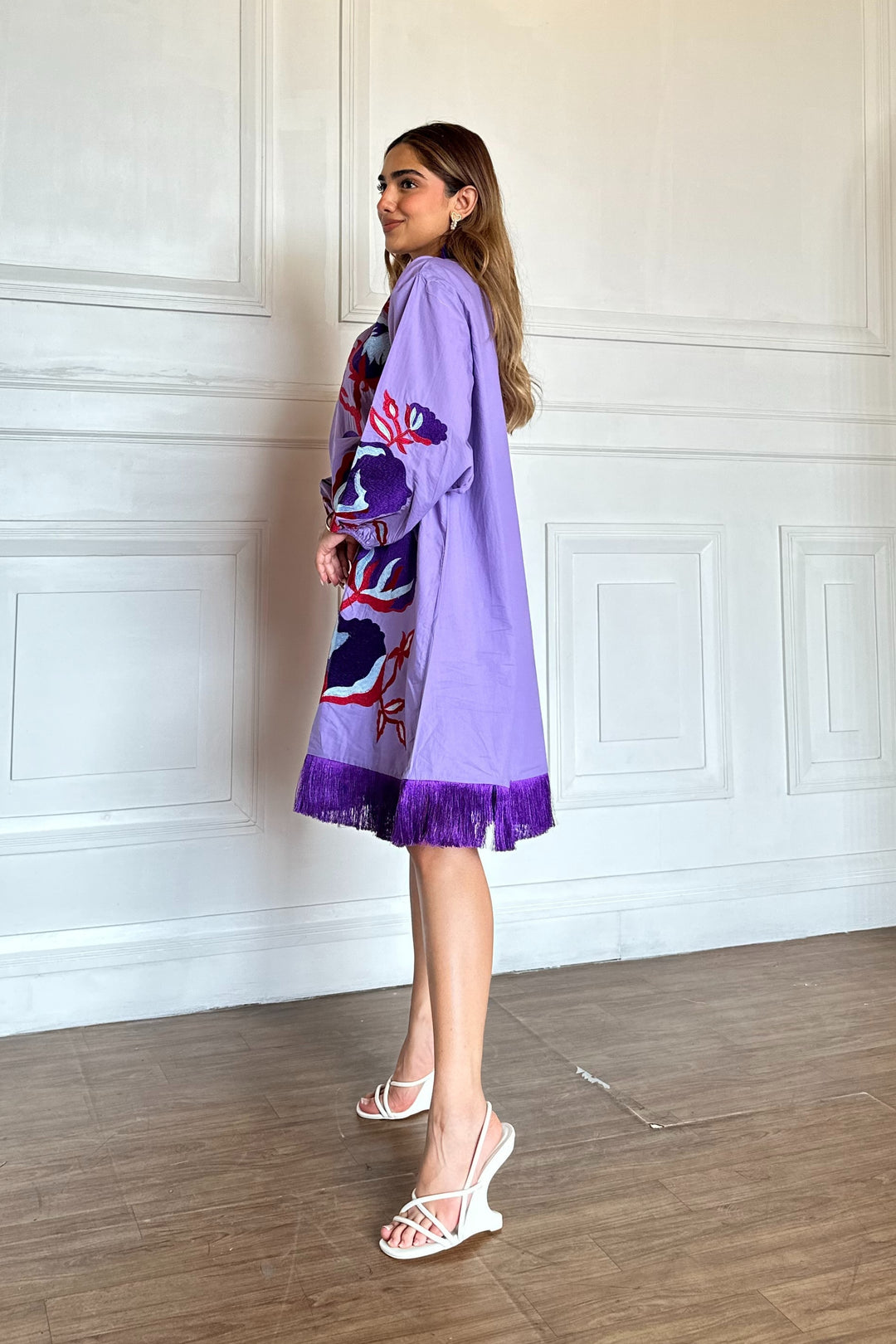 Purple Pleated Collar Embroidered Cotton Dress