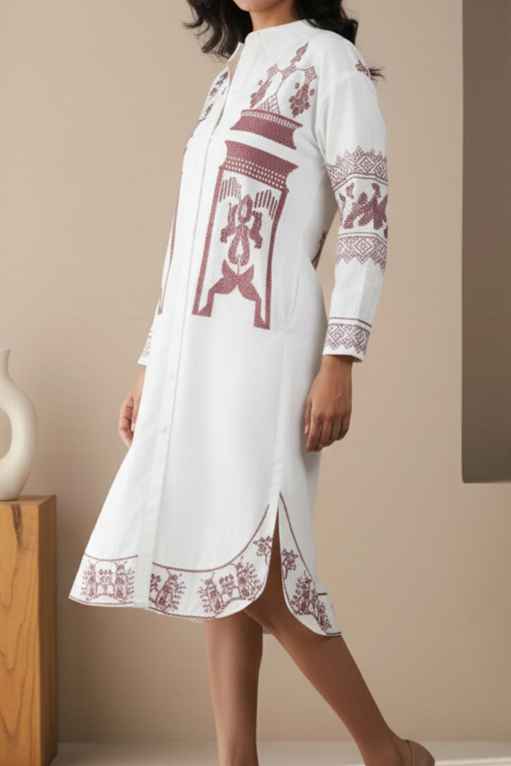 Red Sindhi Thread Work Cotton Linen Dress