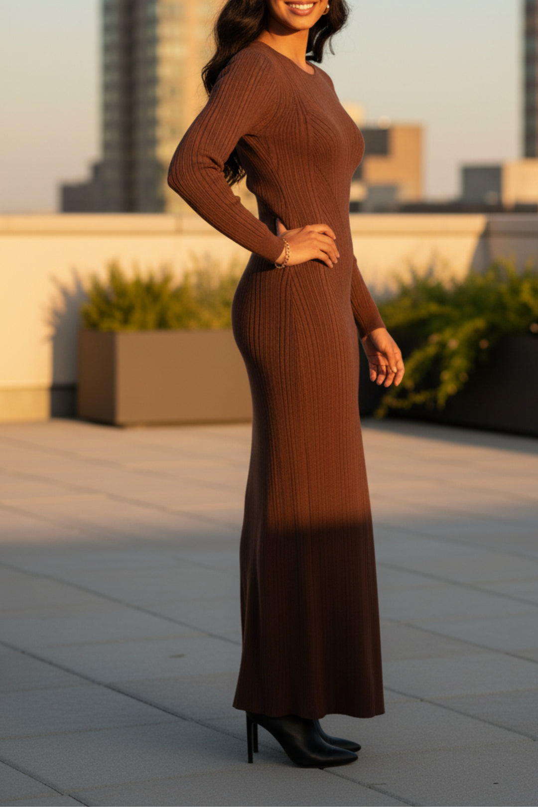 Brown Knit Full Sleeve Maxi Dress