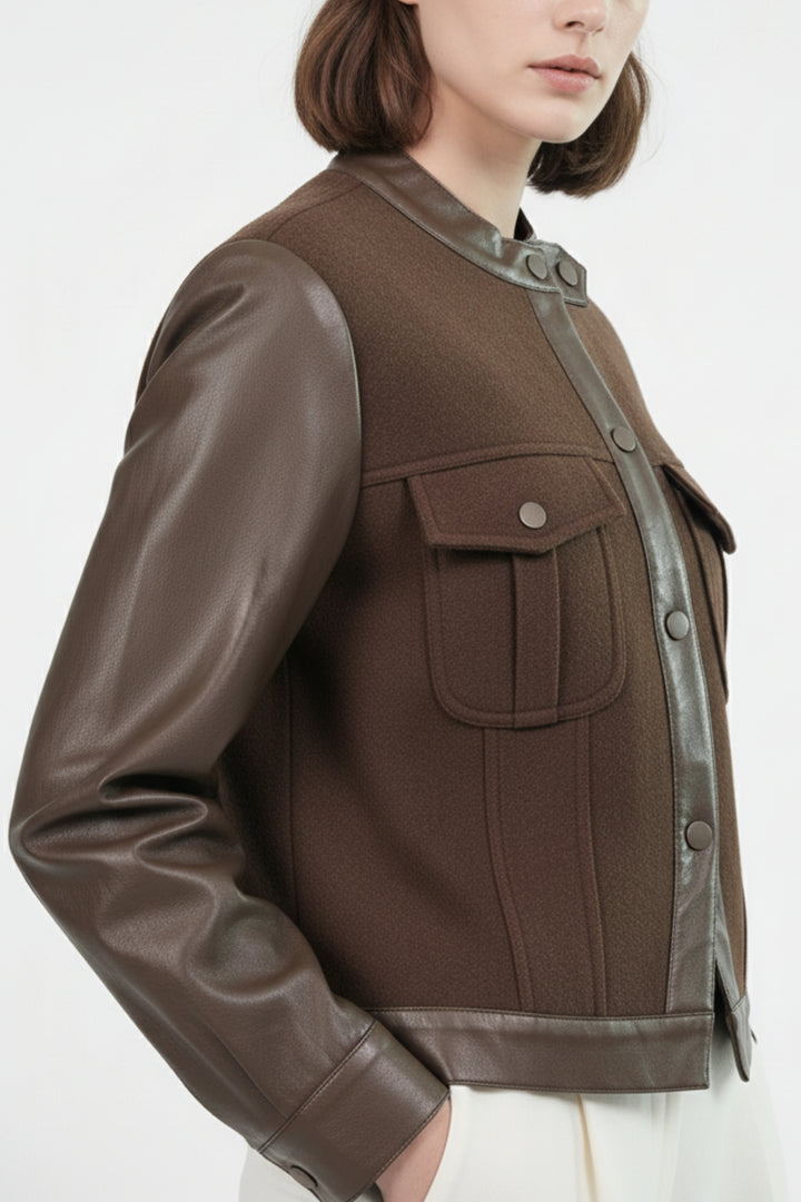 Brown Woolen Jacket With Leather Sleeves