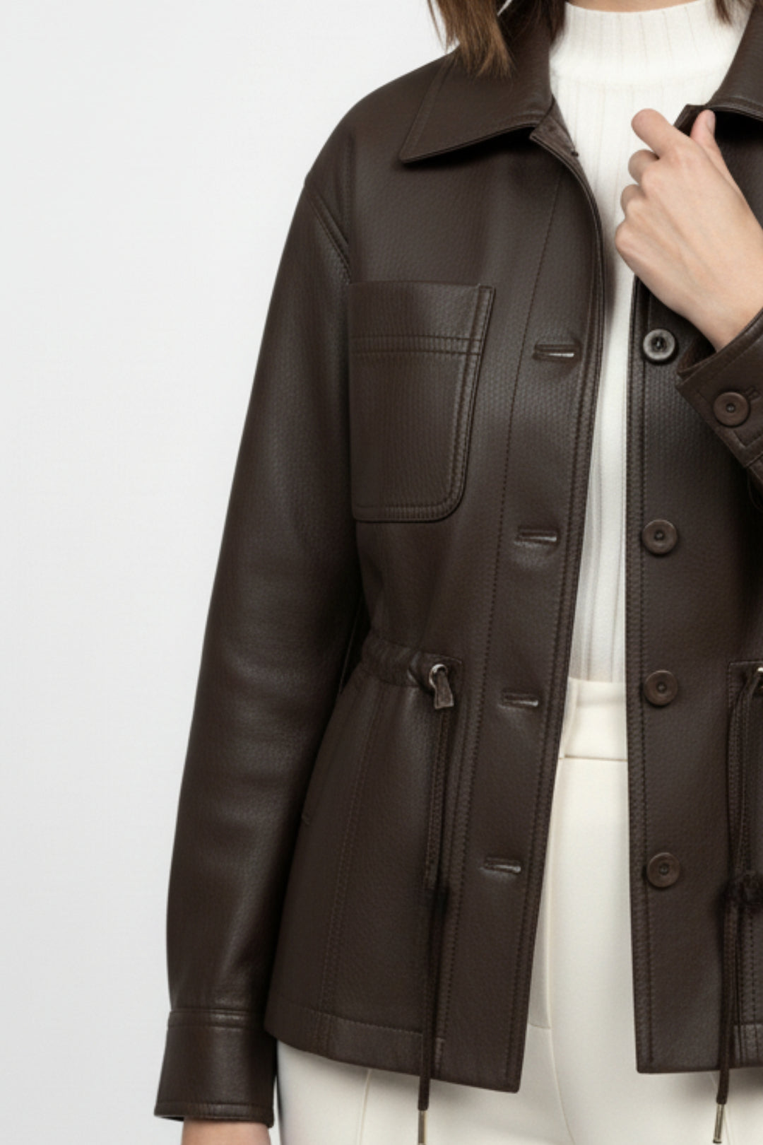 Mocha Drawstring Faux Leather Jacket