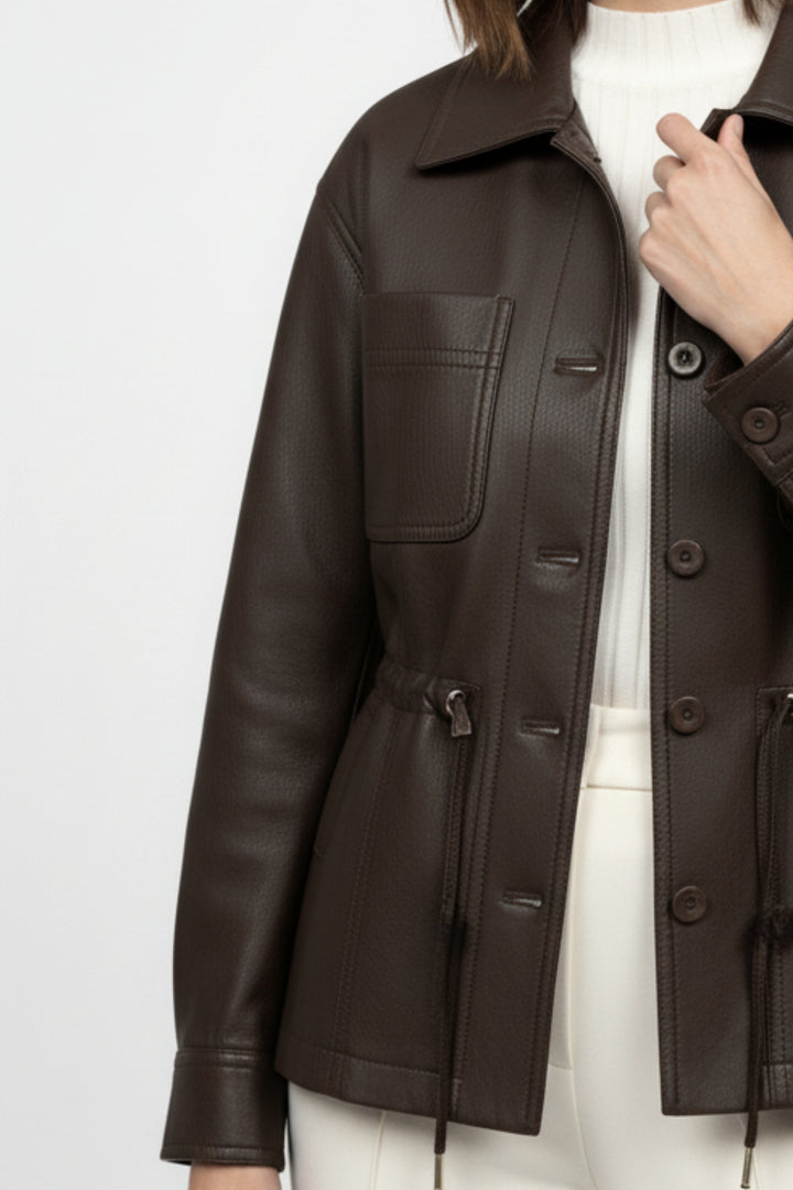 Mocha Drawstring Faux Leather Jacket