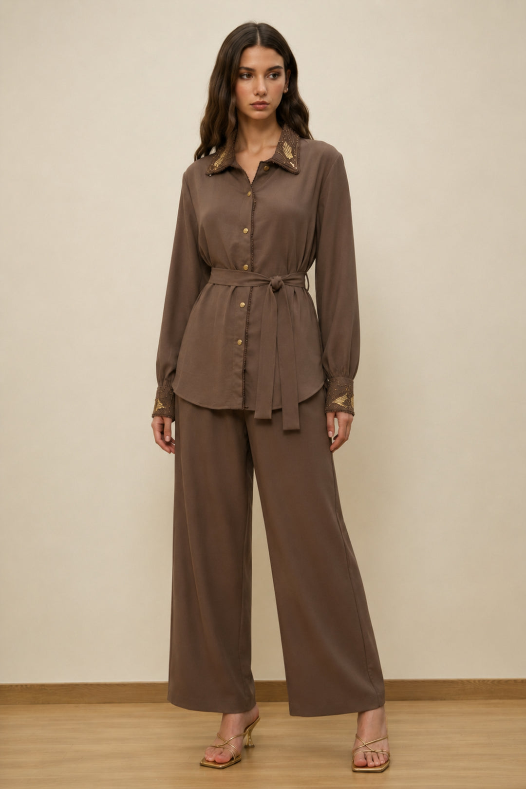 Cocoa Embellished Collar Belted Co-ord Set