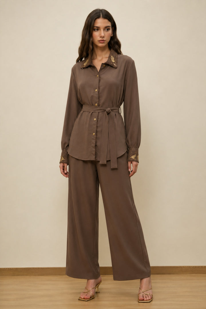 Cocoa Embellished Collar Belted Co-ord Set