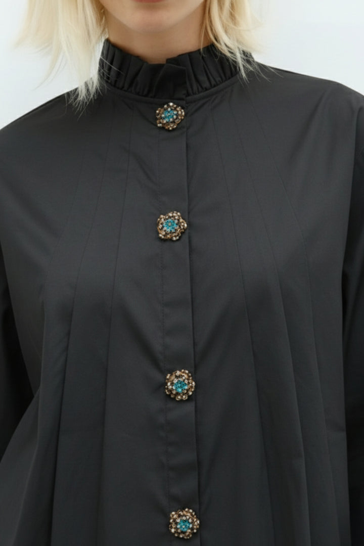 Black Jewel Ruffle-Neck Shirt